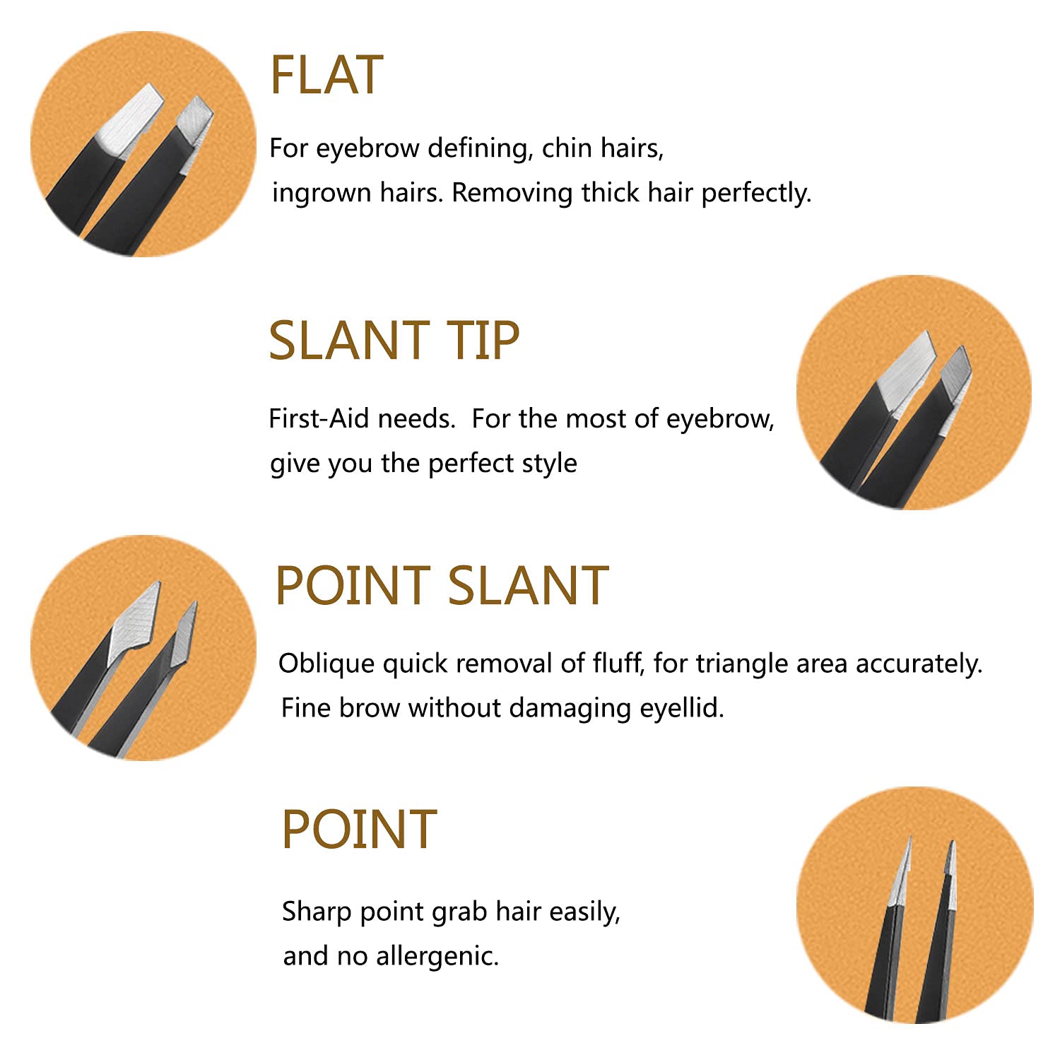 NJ Stainless Steel Slant Tip and Pointed Eyebrow Tweezer Set with travel case, 4 Pcs (Black)