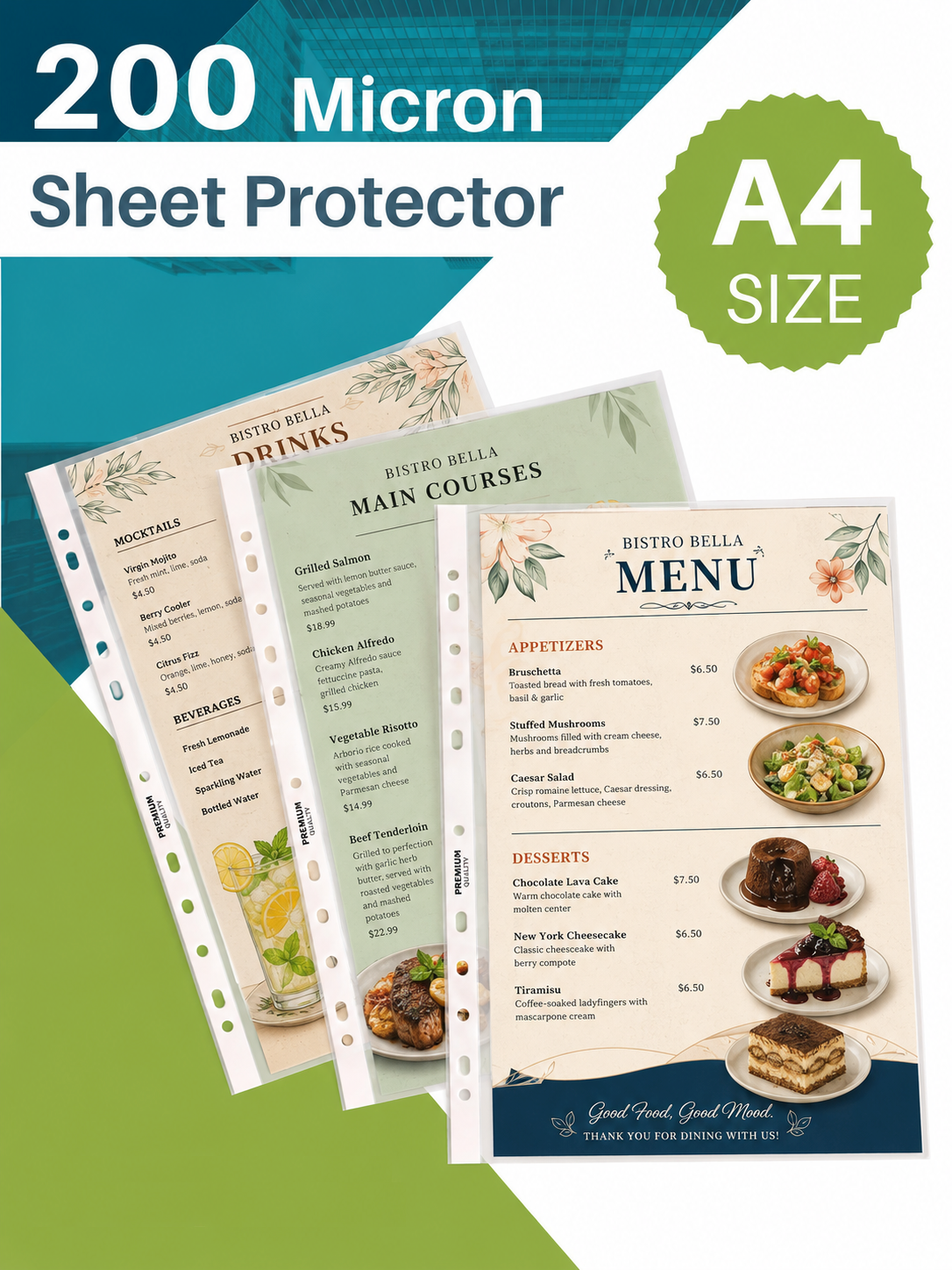 Heavy Duty 200 Micron Transparent Menu Sleeves