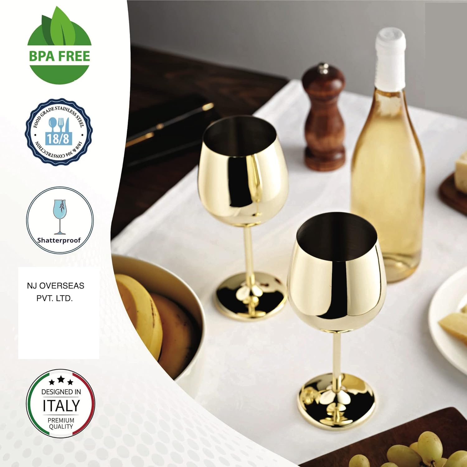 Gold Wine Glasses, Shatter Proof Gold Coated Steel Unbreakable Wine Glass Goblets, Gifts for Men and Women, Party Supplies