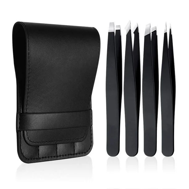 NJ Stainless Steel Slant Tip and Pointed Eyebrow Tweezer Set with travel case, 4 Pcs (Black)