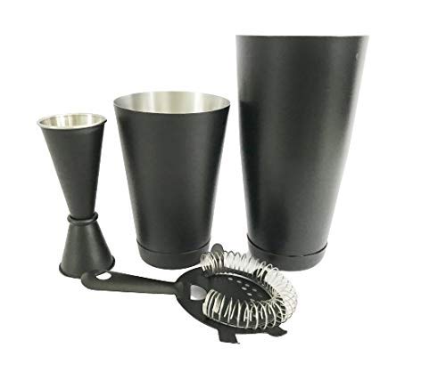 NJ Black Professional Premium Boston Shaker Set with Hawthorne Strainer and Japanese Jigger, Bartender Tool Kit, Home Bar Cocktail Maker Gift Set, Bar Set for Gift: 4 Pcs Set