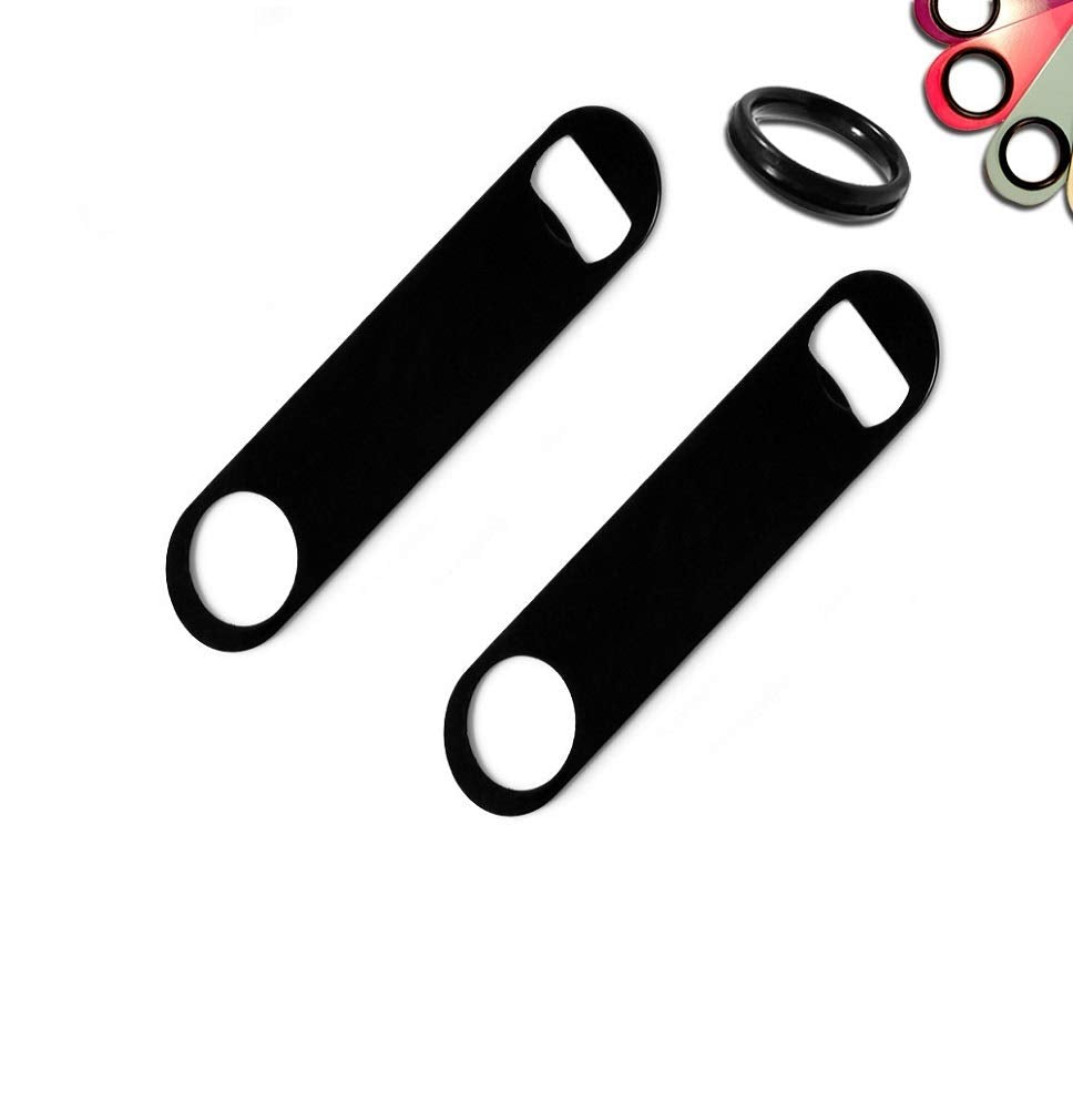 NJ Ultra Black Flat Bottle Opener, 7 Inch Heavy Duty Stainless Steel Bar Blade, Speed Opener, Beer Bottle Opener, Opener for Kitchen, Bar or Restaurant with Free Spinner Rings : 2 Pcs Set
