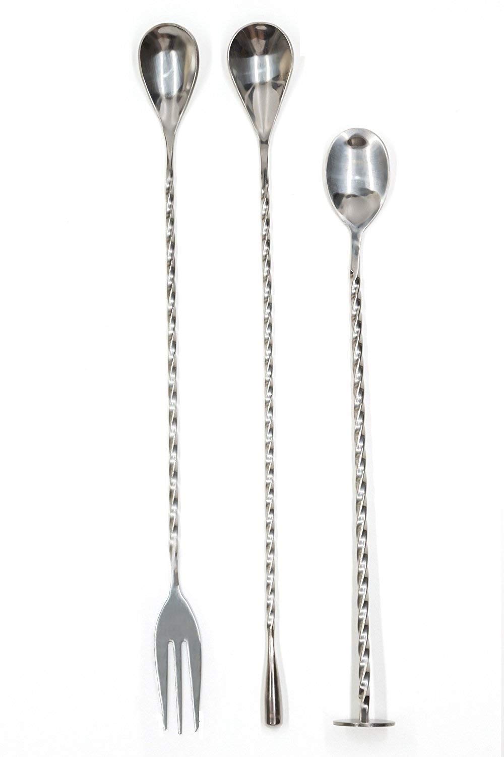 NJ Bar Spoon Stirrer Set (3 Spoons) – 1 Twisted Mixing Spoon with Knob – 1 Long Handle Twisted Spoon with Trident – 1 Spiral Bar Spoon with Disc – Set of 3 for Stirring All Kinds of Cocktails