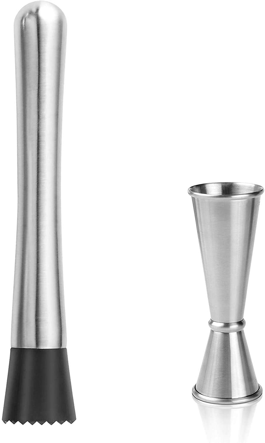 NJ 8 Inch Stainless Steel Mojito Cocktail Muddler with Japanese Jigger(30-60 ml) Home Bar Tool Set for Drink: 2 Pcs