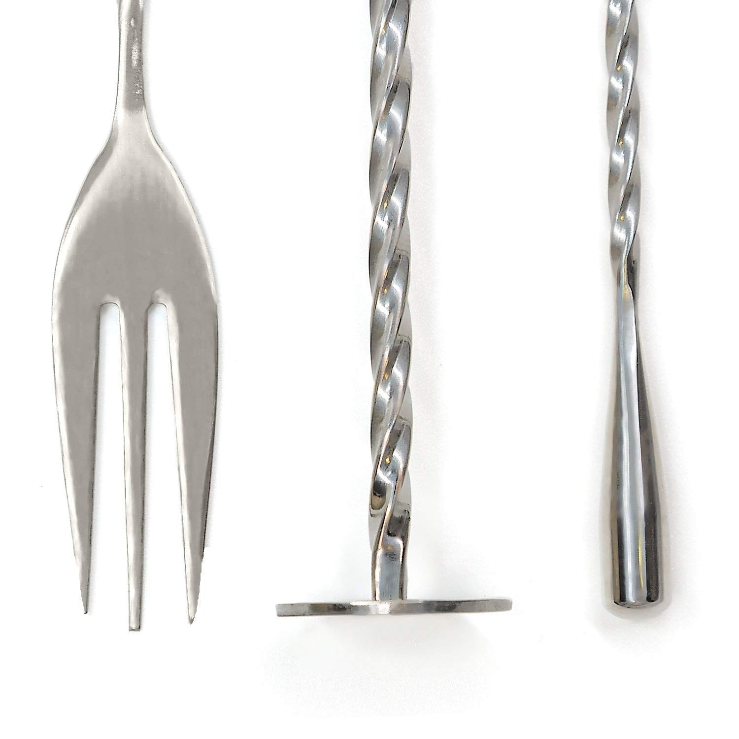 NJ Bar Spoon Stirrer Set (3 Spoons) – 1 Twisted Mixing Spoon with Knob – 1 Long Handle Twisted Spoon with Trident – 1 Spiral Bar Spoon with Disc – Set of 3 for Stirring All Kinds of Cocktails