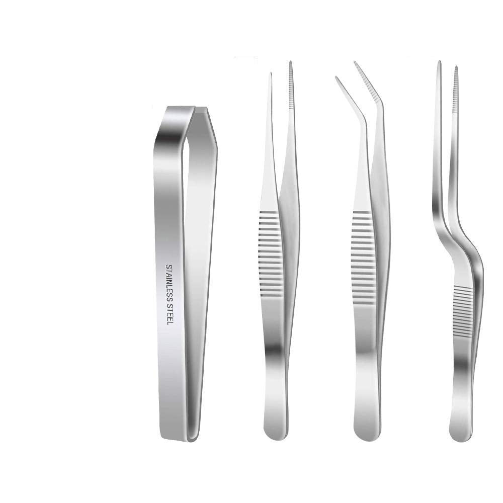 NJ Stainless Steel Tongs Tweezers 6.3 Inch Tweezers,4.7 Inch Flat and Slant Fish Bone Tweezers Pliers for Chef Cooking Utensils, Precision Serrated Tips/Medical Beauty Utensils/Tool Sets: 4 Pcs Set