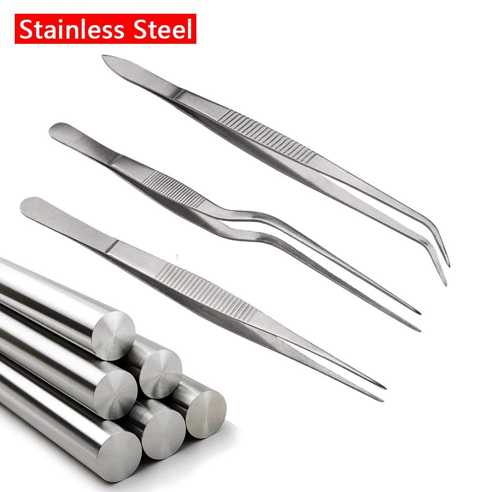 NJ Stainless Steel Tongs Tweezers 6.3 Inch Tweezers,4.7 Inch Flat and Slant Fish Bone Tweezers Pliers for Chef Cooking Utensils, Precision Serrated Tips/Medical Beauty Utensils/Tool Sets: 4 Pcs Set