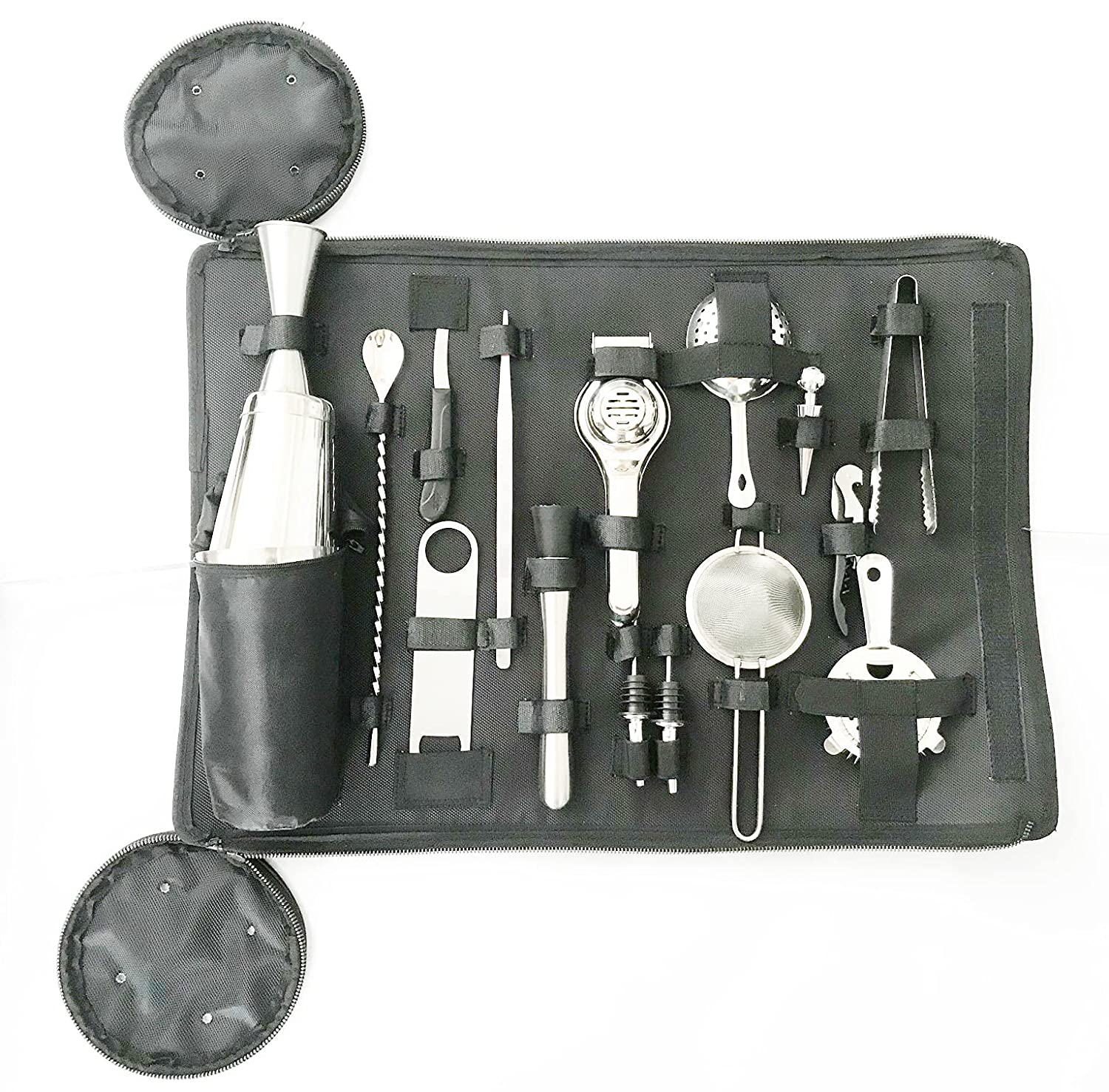 NJ OVERSEAS Roll Up Mixologist Bar Tool Set with 16 Tools (Black Bag)