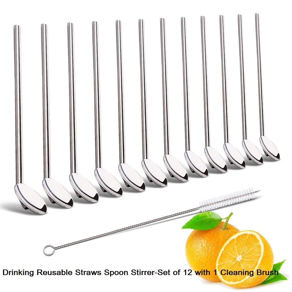 NJ Stainless Steel Straw Cum Spoon, Food Grade Drinking Straws Stirrer, Reusable Stainless Steel Drinking Straws with Cleaning Brush- 12 Pcs Pack