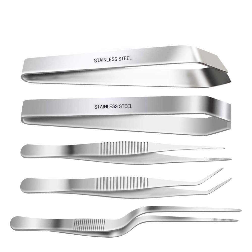NJ Stainless Steel Tongs Tweezers 3 Pcs 6.3 Inch Tweezers,4.7 Inch Flat and Slant Fish Bone Tweezers Pliers for Chef Cooking Utensils: 5 Pcs Set