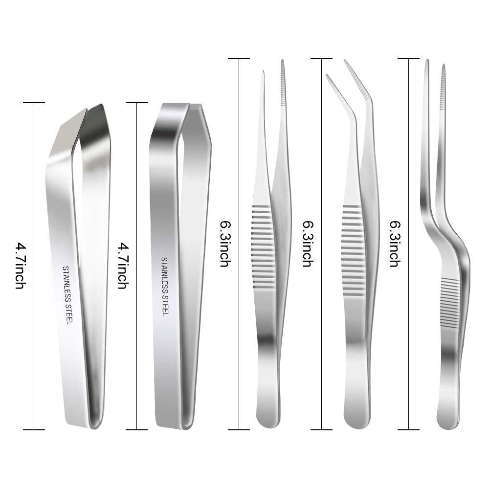 NJ Stainless Steel Tongs Tweezers 3 Pcs 6.3 Inch Tweezers,4.7 Inch Flat and Slant Fish Bone Tweezers Pliers for Chef Cooking Utensils: 5 Pcs Set
