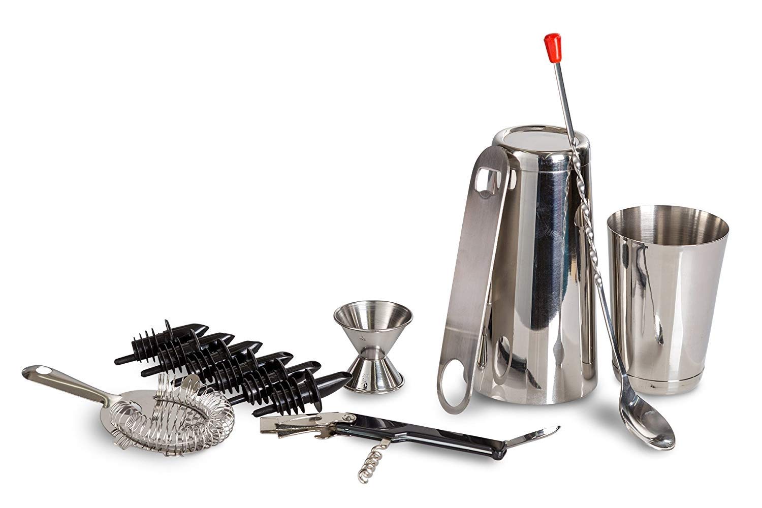 NJ Stainless Steel Bar Set,Professional Bar Tools Including Shaker,Jigger,Corkscrew,Bottle Opener,Strainer: 13 Pcs Set