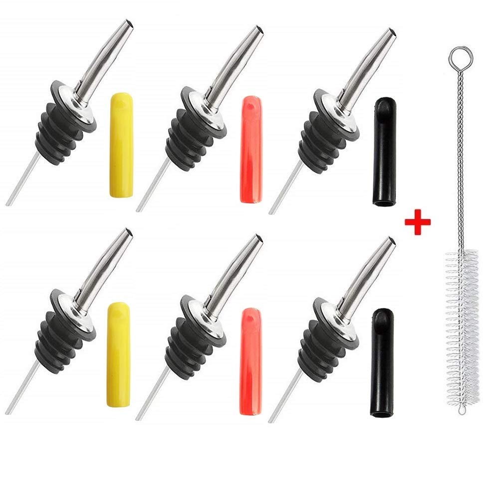 NJ Metal Bottle Pourers Spouts for Liquor, Wine and Spirits Perfect for Restaurant, Bar, Hotel, Kitchen Use Flowing with Red, Yellow,Black dust Covers and Free Cleaning Brush: Pack of 13 Pcs
