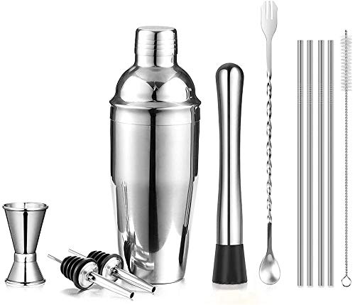 NJ Cocktail Shaker Set for Professional Bartender and Home Bar Including 500 ml Martini Shaker, 30-60 ml Measuring Jigger, Muddler, Mixing Spoon, 2 Liquor Pourers, 4 Drinking Straws & 1 Brush: 11 Pcs