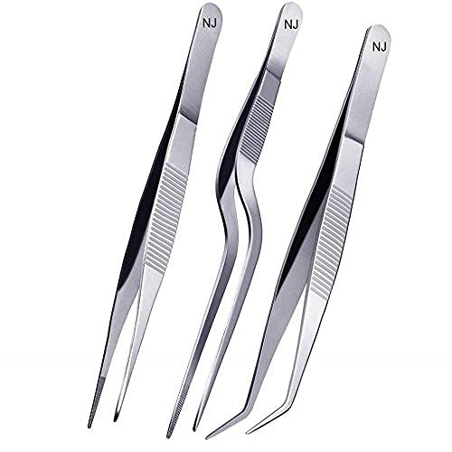 NJ OVERSEAS Kitchen Cooking Culinary Tweezers, Stainless Steel Precision Tongs Medical Beauty Utensils, 6.3 Inches -3 Pieces Set