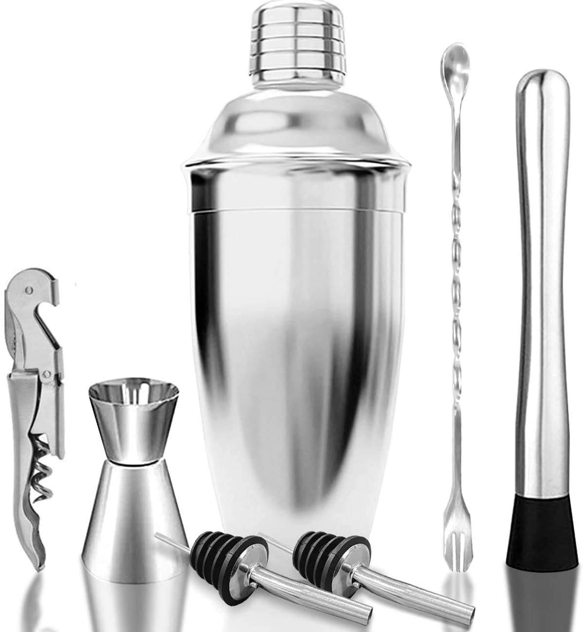 NJ Premium Cocktail Shaker Bar Tools Set, Stainless Steel Martini Mixer, Measuring Jigger, Mixing Spoon,2 Liquor Pourers, Muddler and Corkscrew. Suitable for all bartender lovers, Perfect gift : 7 Pcs