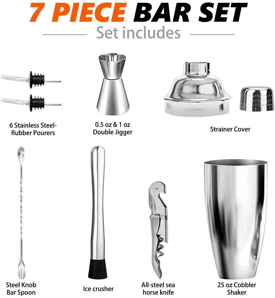 NJ Premium Cocktail Shaker Bar Tools Set, Stainless Steel Martini Mixer, Measuring Jigger, Mixing Spoon,2 Liquor Pourers, Muddler and Corkscrew. Suitable for all bartender lovers, Perfect gift : 7 Pcs