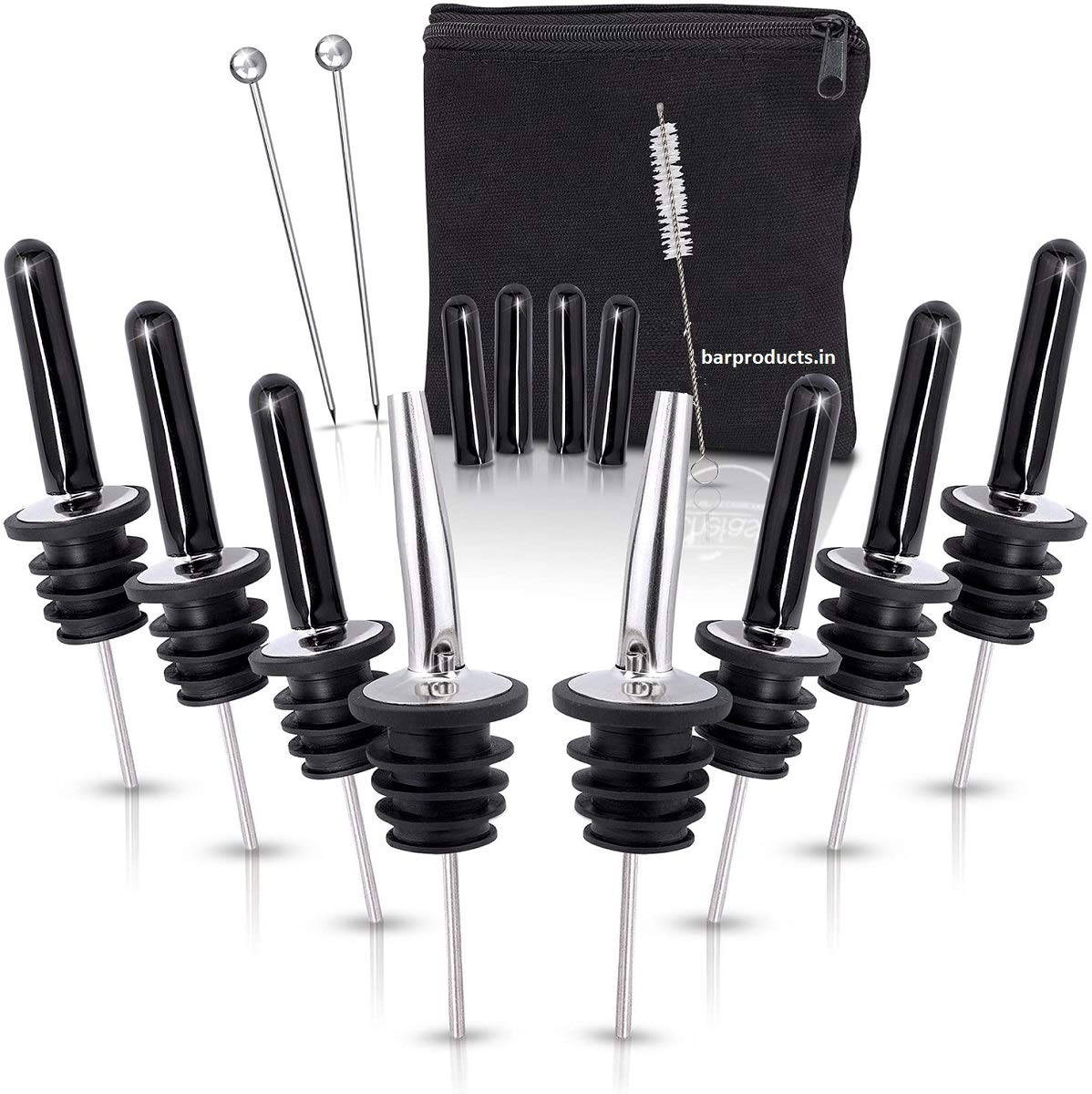 NJ Premium 18/8 Grade Liquor Bottle Pourers Set: Combo Kit of 8 Stainless Steel Pour Spouts, 10 Long Dust Caps, 2 Cocktail Picks, 1 Brush and Storage Bag, Olive Oil Pourer: 22 Pcs Kit