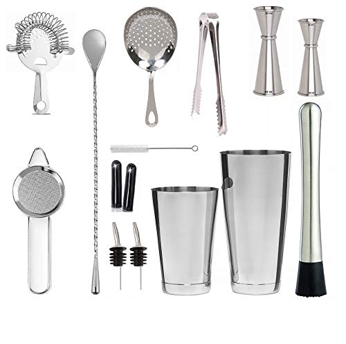 NJ Bar Set, Cocktail Shaker set, Professional Bartender Kit with Bar Accessories,Wine Stopper, Muddler, Boston Shaker, Strainer, Japanese Jigger, Bar Spoon, Bottle Opener, Pour Spouts: 14 Pcs Gift Set