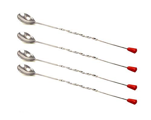 NJ Cocktail Mixing Spoons, Long Stainless Steel Mixing Stirrer Spoons, Strong Non-Rust Bartender Mixing Spoons Stirrer for Home & Bar Use Red Knob: 4 Pcs Set