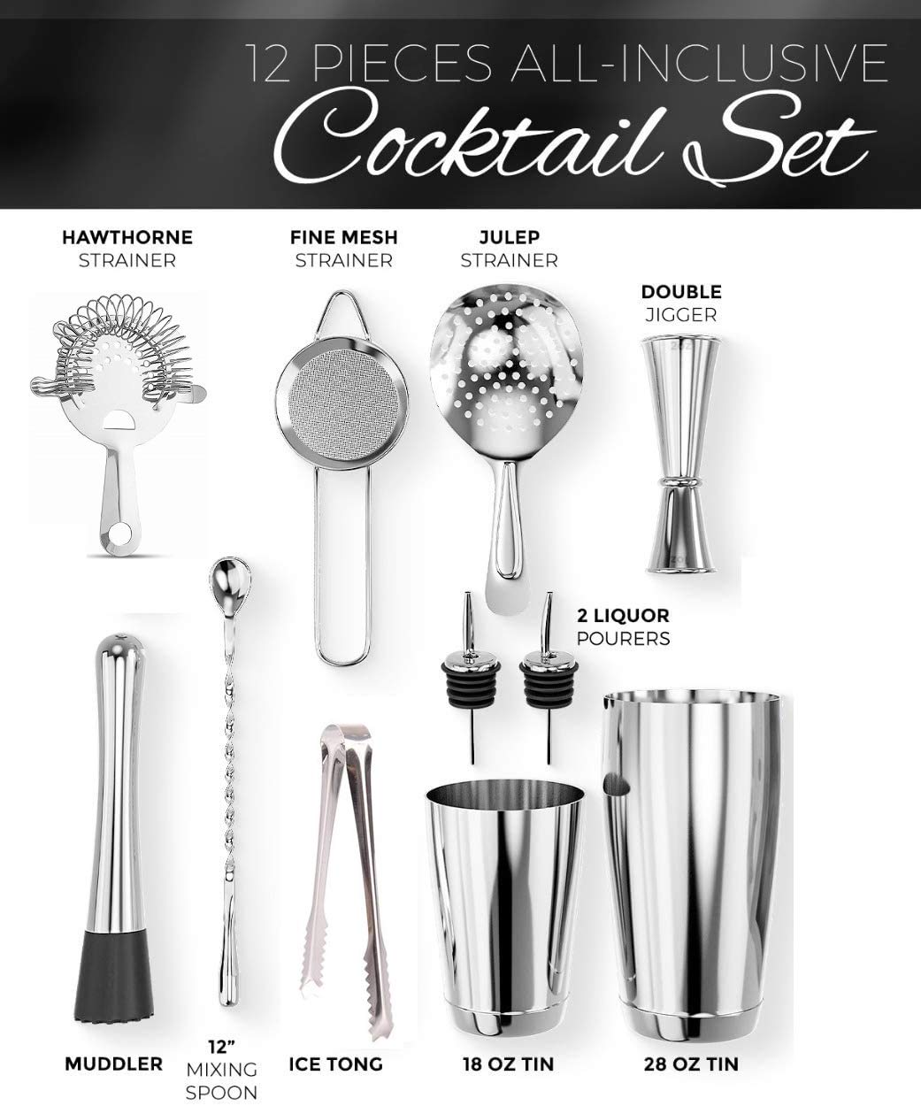 NJ Bar Set, Cocktail Shaker set, Professional Bartender Kit with Bar Accessories,Wine Stopper, Muddler, Boston Shaker, Strainer, Japanese Jigger, Bar Spoon, Bottle Opener, Pour Spouts: 14 Pcs Gift Set