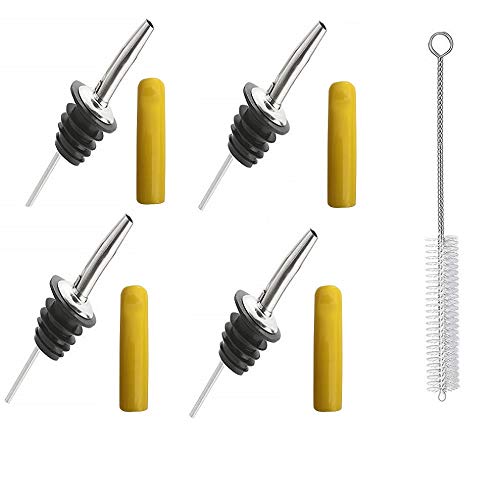 NJ Bottle Pourers, Pourer with Tapered Spout, Liquor Wine Pourer and Olive Oil, for Bar, Restaurant, Hotel and Kitchen use - Set of 4 Pcs with Free Yellow dust Covers and Cleaning Brush