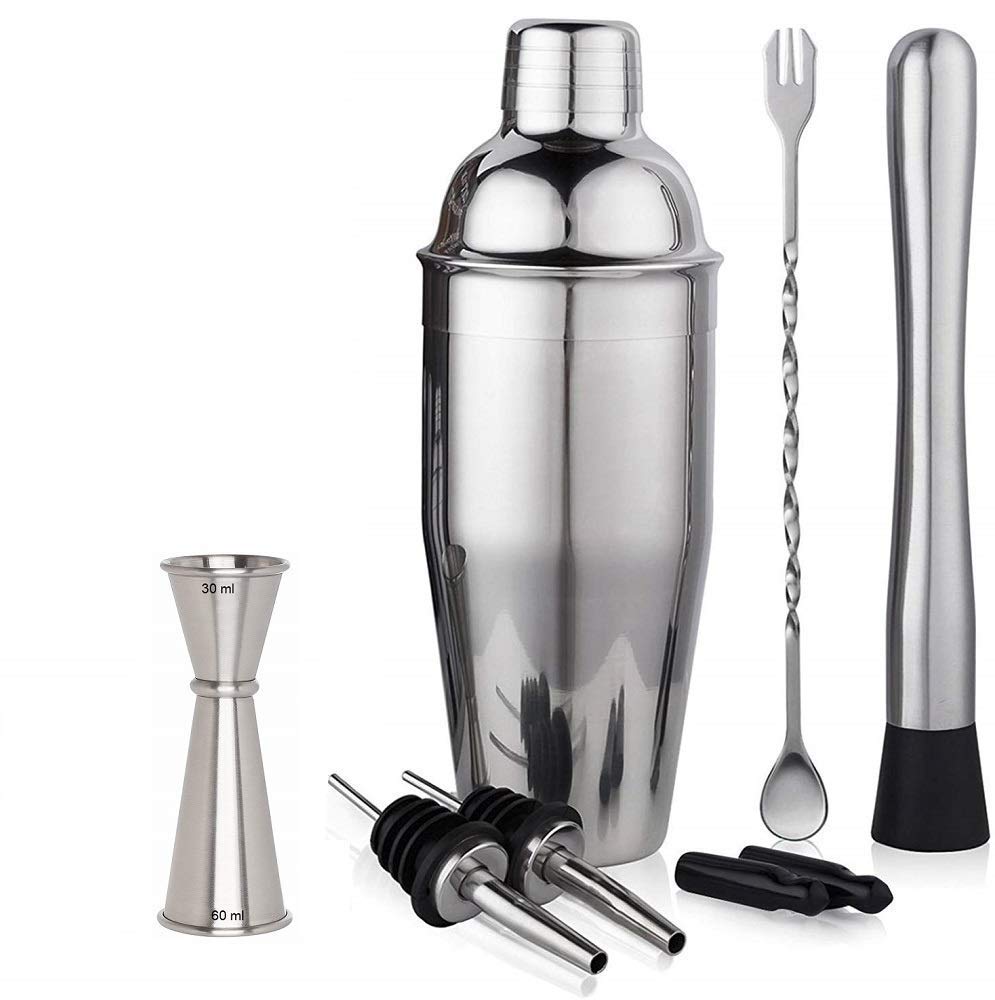 NJ Cocktail Shaker Bar Tool Set, Stainless Steel Martini Shaker, Mixing Spoon, Muddler, Peg Measurer Jigger, Liquor Pourers with Dust Caps, Professional Bar Tools: 8 Pcs Set