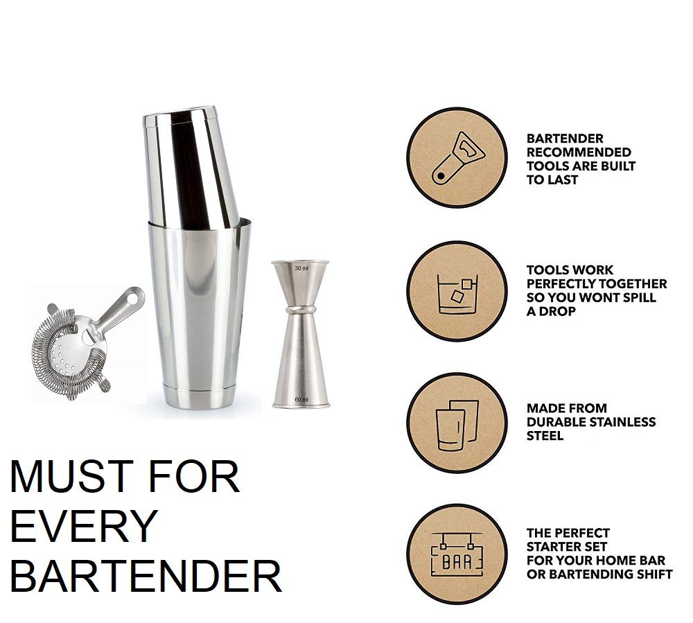 NJ Bartender Tools Kit, Professional Boston Shaker Set with Hawthorne Strainer and Japanese Jigger, Pourer, Mixology Tools, Home Bar Cocktail Maker Set, Bar Accessories : 5 Pcs Set