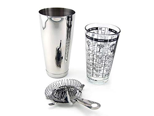 NJ Professional Stainless Steel Bar Set Boston Shaker, (Cocktail Shaker, Mixing Glass, and Sifter): 3 Piece Set