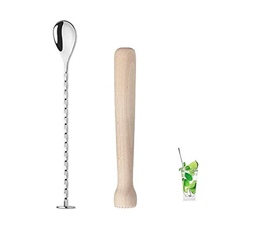 NJ Cocktail Muddler 8" and Mixing Spoon Set, Bar Cocktail Muddler, Spiral Stirrer 11" Long Spiral Handle to Create Refreshing Drinks, Bar Spoon Stirrer, Cocktail Spoon, Bartender Tools: 2 Pcs