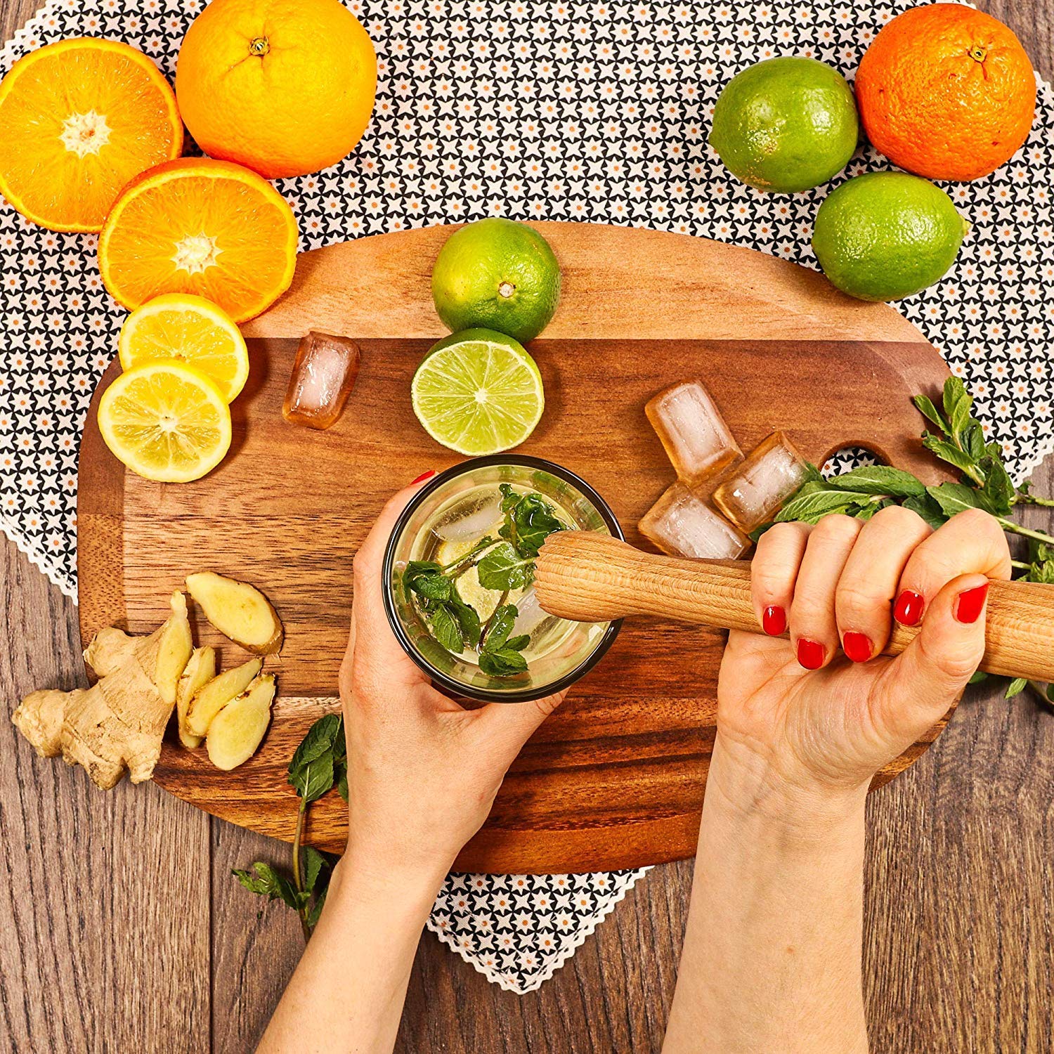 NJ Muddling Tool Set, Grooved Sheesham Wooden Head Muddler, Bar Mixing Spoon with Garnish Fork Tip, Double-Sided Classic Straight Cocktail Peg Measurer, Perfect Professional Bartender Kit: 3 Pcs Set