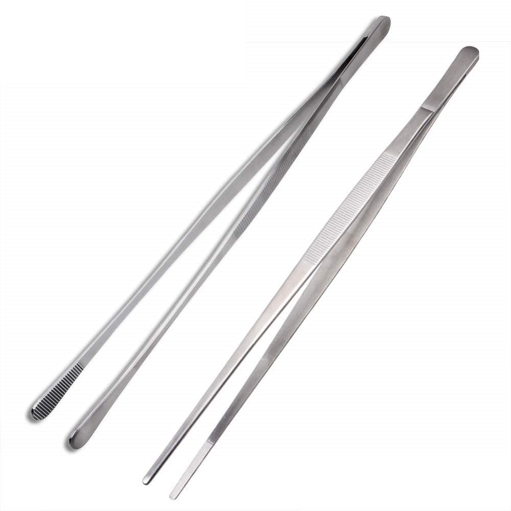 NJ Fine Tweezer Tongs,Extra-Long Stainless Steel Tweezers Wide Grip and Narrow Grip, Culinary Tweezers Set: 2 Pcs Set