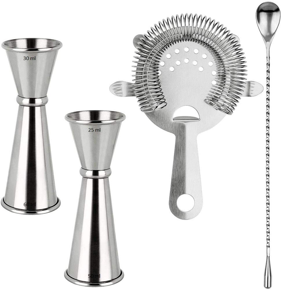NJ Cocktail Tools, Bartender Kit, 2 Pcs Double Japanese Peg Measurer (25-50 ml and 30-60 ml) and 1 Pc. Teardrop Mixing Spoon, 1 Cocktail Strainer: 4 PCS