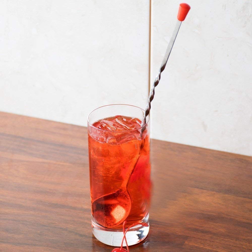 NJ OVERSEAS Stainless Steel Strong Non-Rust Bartender Long Mixing Stirrer/Cocktail Mixing Spoons (Silver with Red Knob) - 2 Pieces