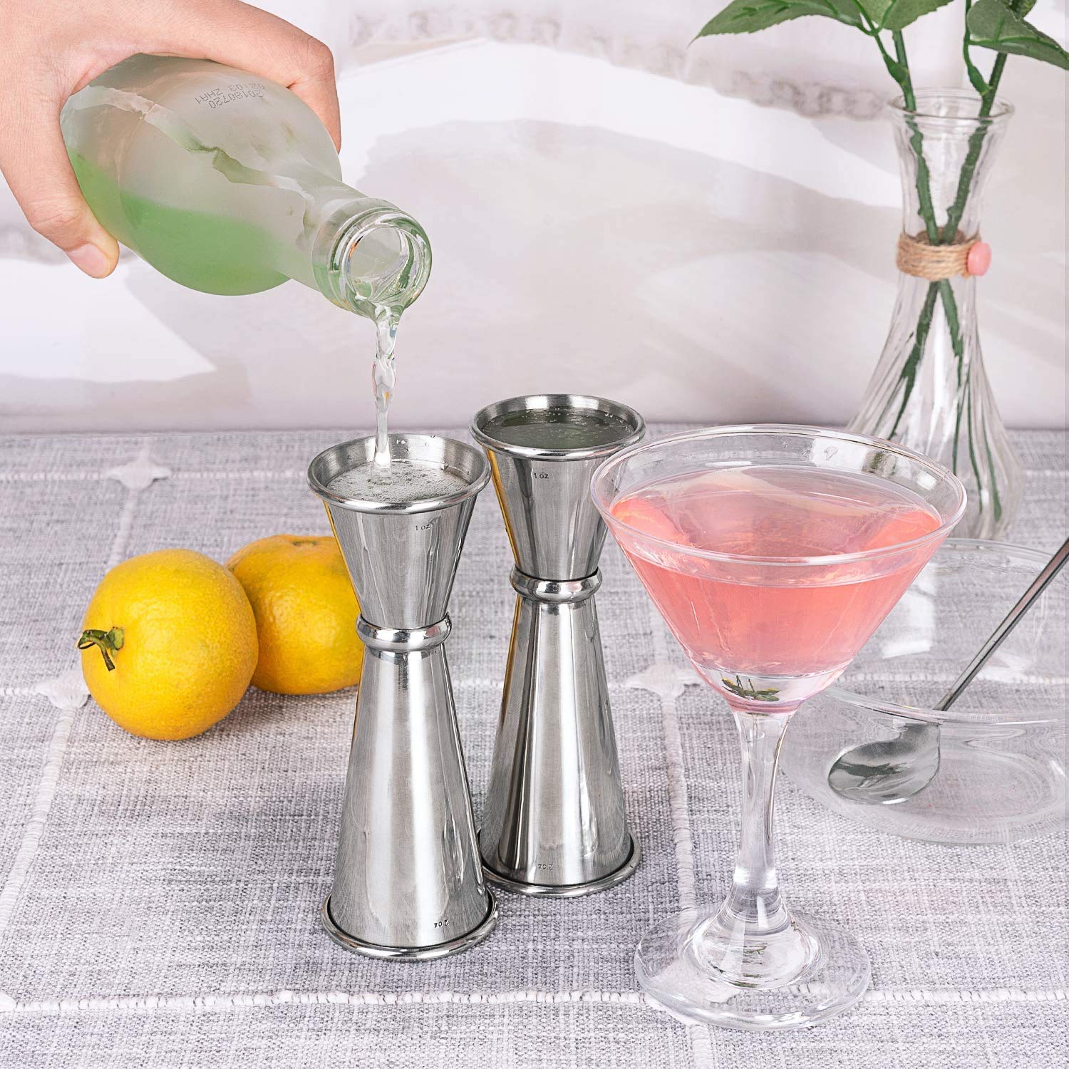 NJ Cocktail Tools, Bartender Kit, 2 Pcs Double Japanese Peg Measurer (25-50 ml and 30-60 ml) and 1 Pc. Teardrop Mixing Spoon, 1 Cocktail Strainer: 4 PCS