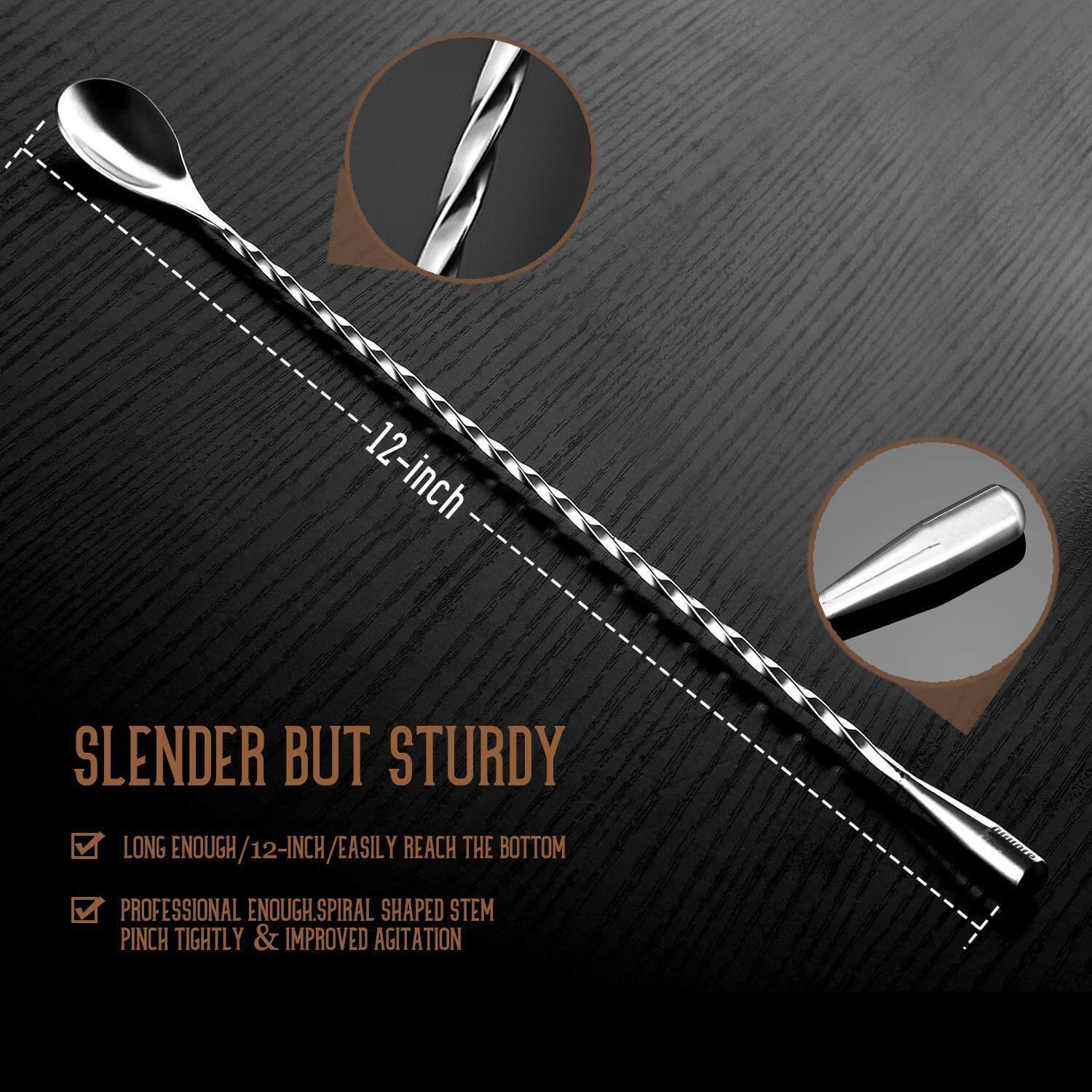 NJ Stainless Steel Mixing Spoon 12" Beverage Stirrers Spiral Pattern Long Handle Cocktail Spoon Pack of 2(Black)