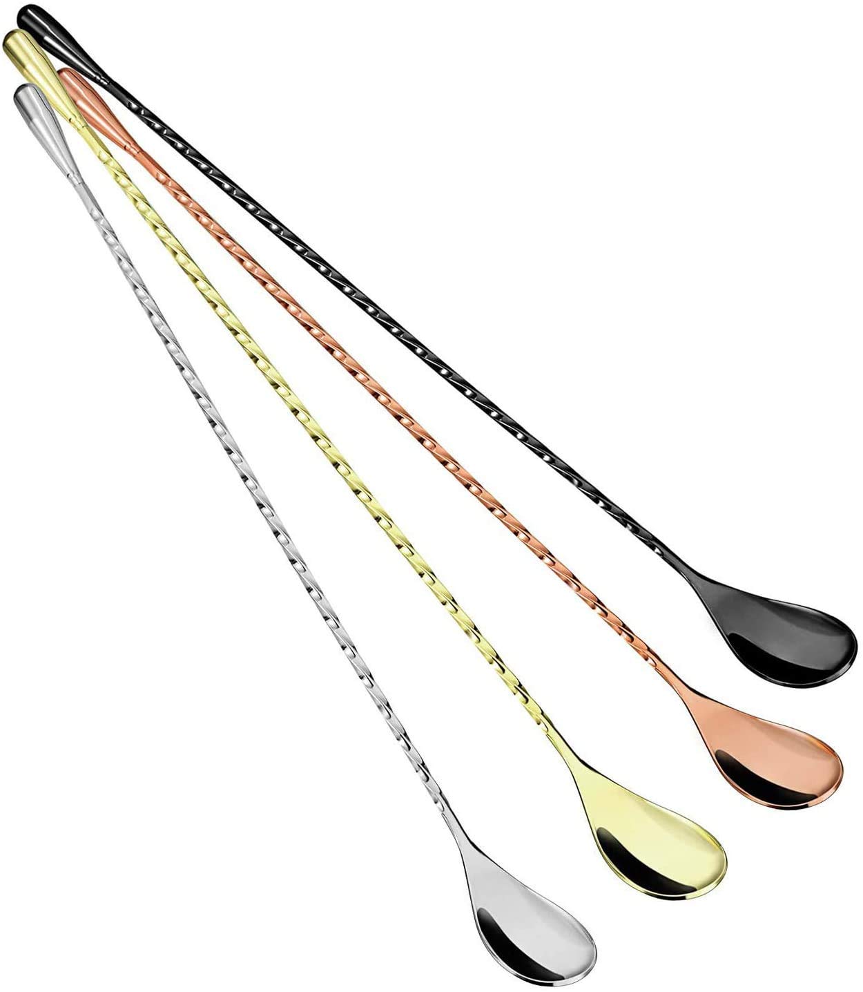 NJ Cocktail Spoon Stirring Bar Mixing Long Spoon Stainless Steel Spiral Long Handle Teardrop Spoon Cocktail Stirrers Spoons 12inch: Set of 4 Colors