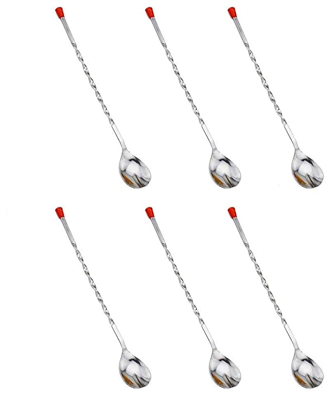 NJ Cocktail Mixing Spoons, Long Steel Stirrer Spoons, Strong Non-Rust Bartender Mixing Spoons Stirrer for Home & Bar Use Red Knob: 06 Pcs
