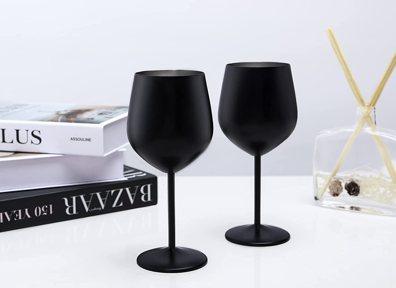NJ Black Wine Glasses,Shatter Proof steel Unbreakable Wine Glass Goblets, Anniversary and Wedding - Elegant Black Drink ware for Cocktails Gift for Men and Women, Party Supplies - 350 ml: Set of 6 Pcs