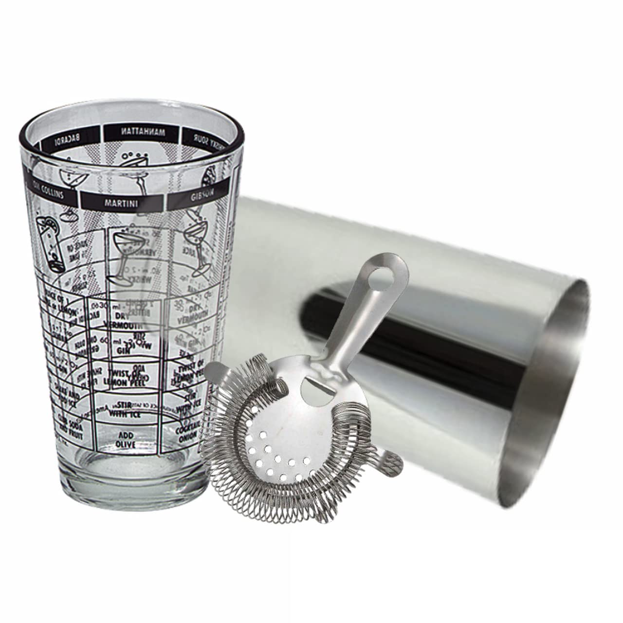NJ Professional Stainless Steel Bar Set, Boston Shaker Set (Cocktail Shaker, Mixing Glass, and Hawthorne Strainer): 3 Pcs Set