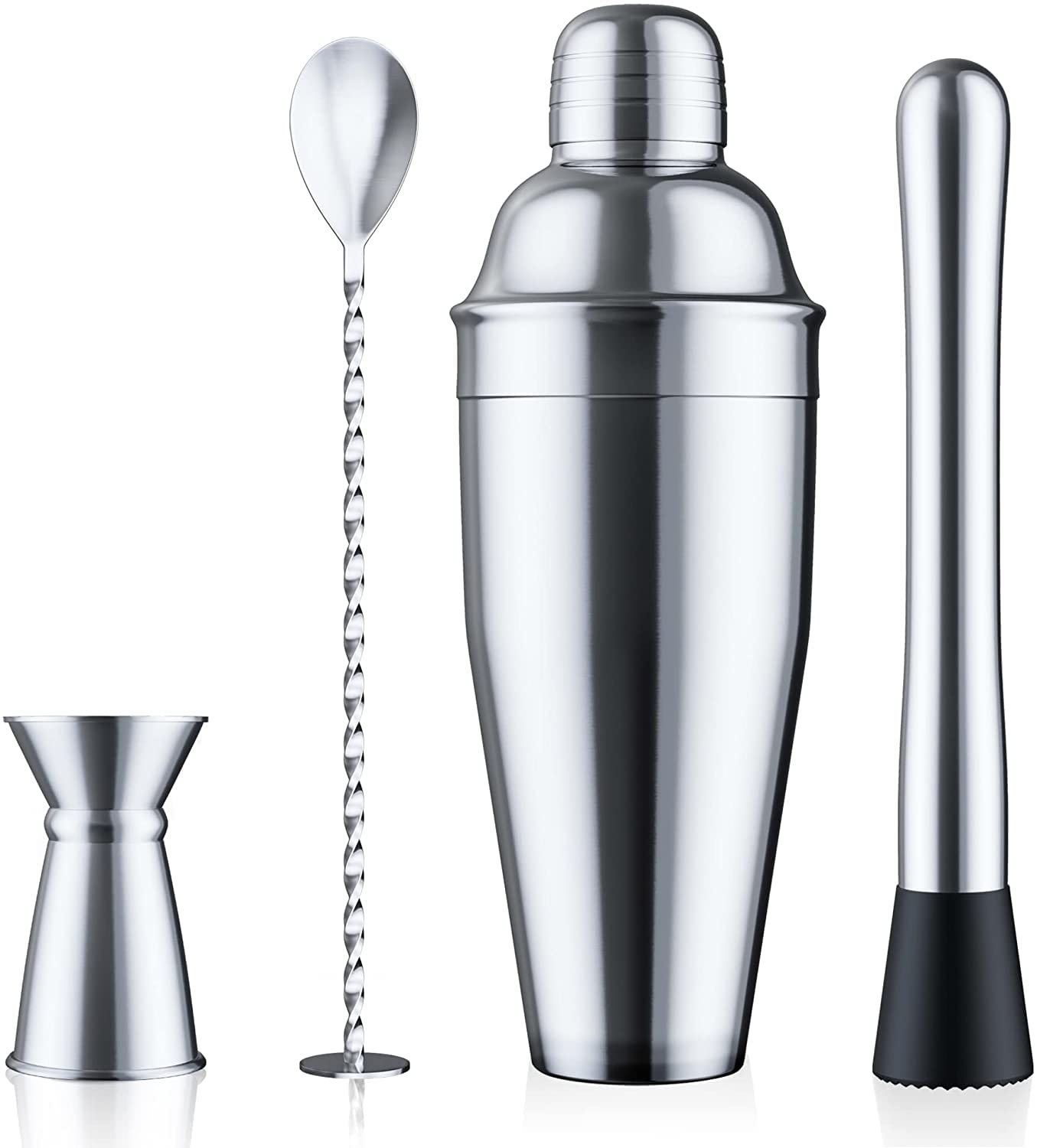 NJ Cocktail Shaker Set - Bar Tools Drink Shaker Cocktail Strainer, Muddler, Jigger, Mixing Spoon, Recipe Book – Martini Shaker / Drink Mixer-Bar Accessories / Bartender Kit for Home Bar Set: 4 Pcs Set