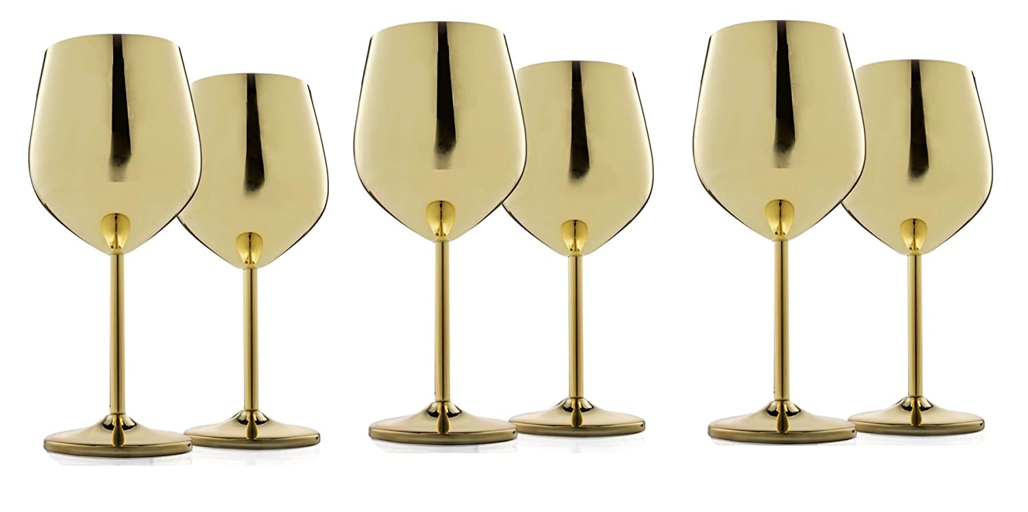 NJ Gold Wine Glasses, Shatter Proof Gold Coated Steel Unbreakable Wine Glass Goblets, Gift for Men and Women, Party Supplies - 350 ml: Set of 6 Pcs