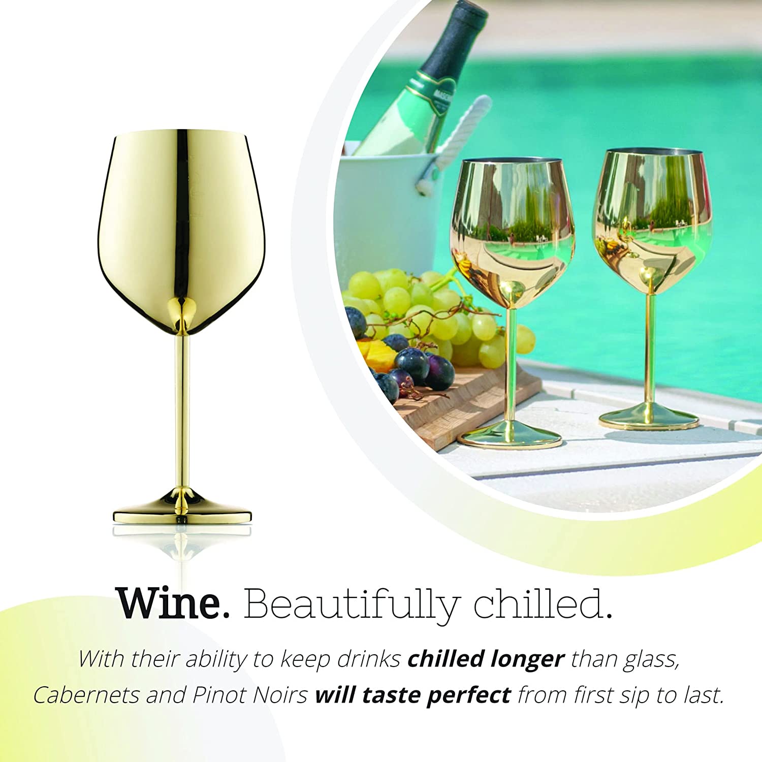 NJ Gold Wine Glasses, Shatter Proof Gold Coated Steel Unbreakable Wine Glass Goblets, Gift for Men and Women, Party Supplies - 350 ml: Set of 6 Pcs