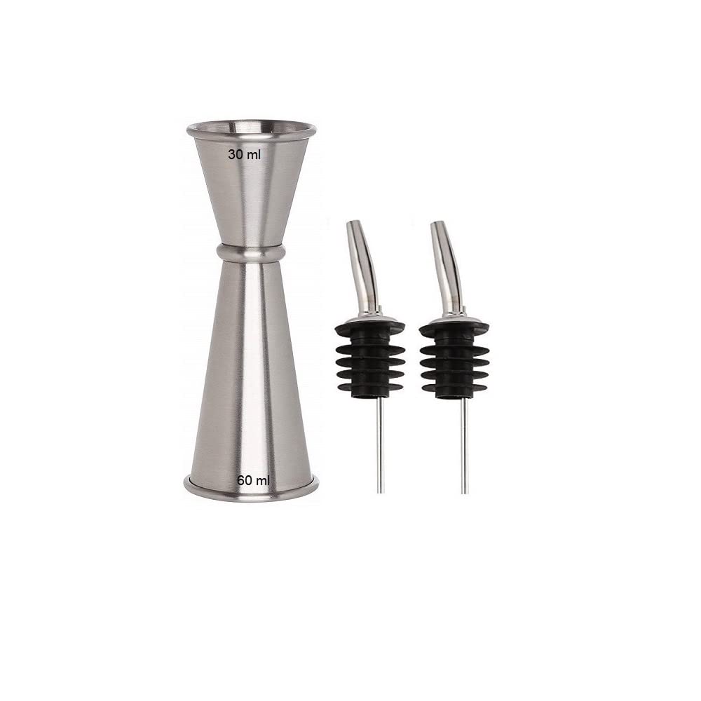Roll over image to zoom in NJ Japanese Double Side Stainless Steel Peg Measure 30 and 60 ml , Drink Measuring Bar Tool Jigger with 2 Bottle Pourer : 3 Pcs