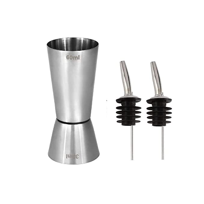 NJ Double Side Stainless Steel Peg Measure 30 and 60 ml , Drink Measuring Bar Tool Jigger with 2 Bottle Pourer : 3 Pcs