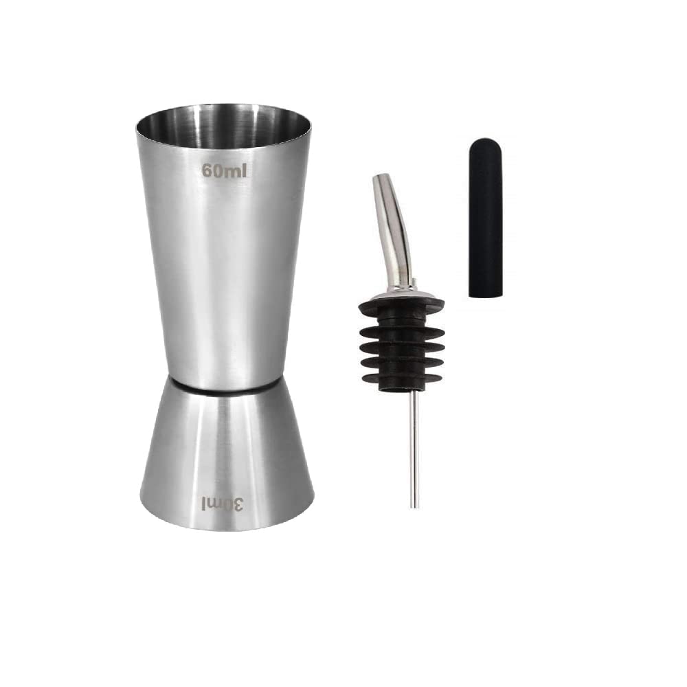 NJ Double Side Stainless Steel Peg Measure 30 and 60 ml , Drink Measuring Bar Tool Jigger with Bottle Pourer with dust Cover : 3 Pcs Set