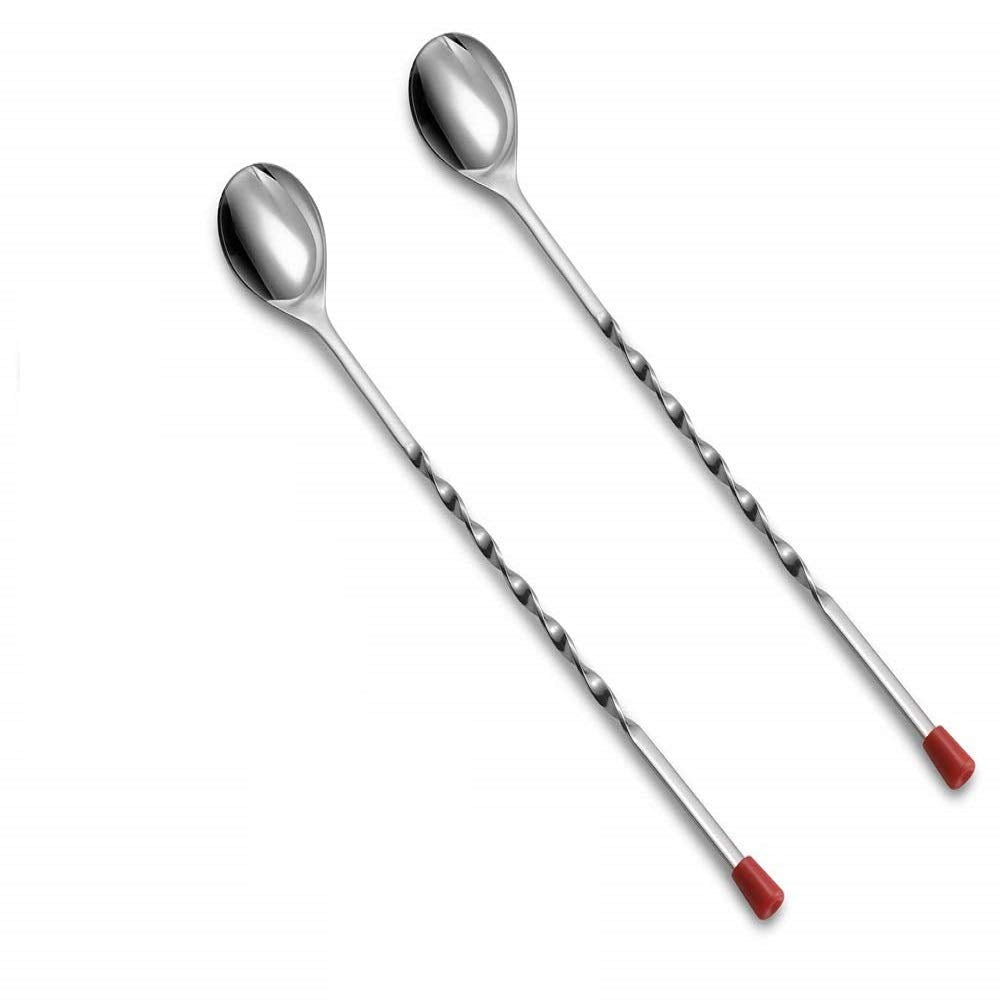 NJ OVERSEAS Stainless Steel Strong Non-Rust Bartender Long Mixing Stirrer/Cocktail Mixing Spoons (Silver with Red Knob) - 2 Pieces