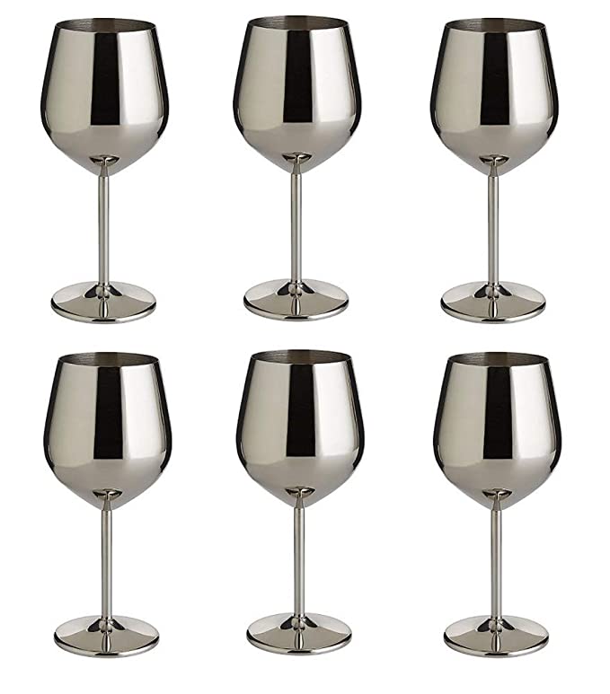 NJ Wine Glasses Stainless Steel, Unbreakable Wine Goblets, Stainless Steel Stemmed Wine Glasses, Unbreakable BPA Free Shatterproof Great for Daily, Formal & Outdoor Use: Set of 6 : Capacity 350 ml