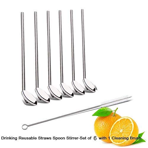 NJ Reusable Stainless Steel Drinking Spoon Straws 8 '', Food Grade Reusable Straw Stirrer for Restaurant, Hotel and Home Use with Cleaning Brush: 6 Pcs Set
