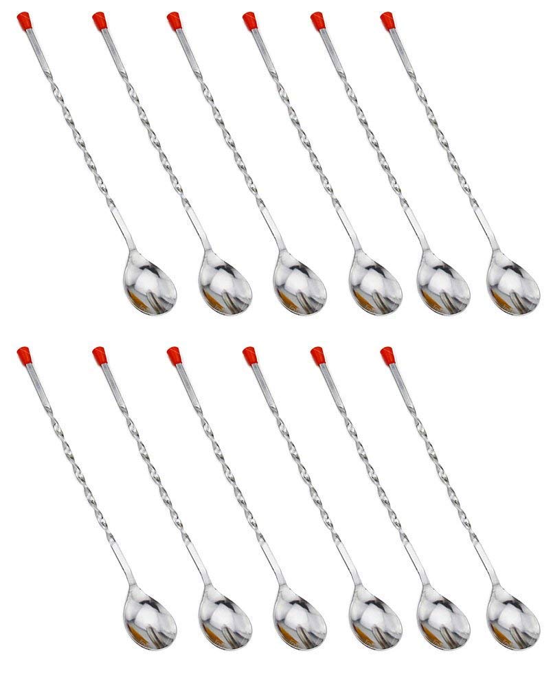 NJ Cocktail Mixing Spoons, Long Stainless Steel Mixing Stirrer Spoons, Strong Non-Rust Bartender Mixing Spoons Stirrer for Home & Bar Use Red Knob: 12 Pcs